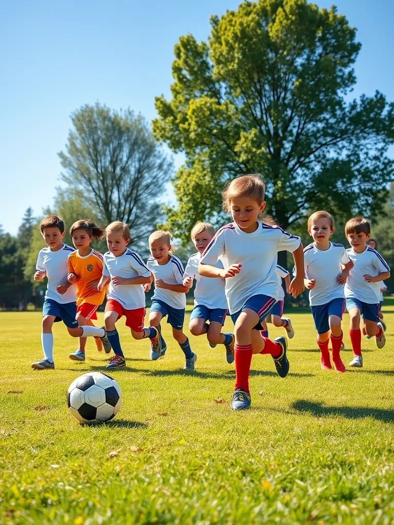 Children playing soccer on a sunny field, demonstrating teamwork and sportsmanship during a Les Francas du Doubs sports program.