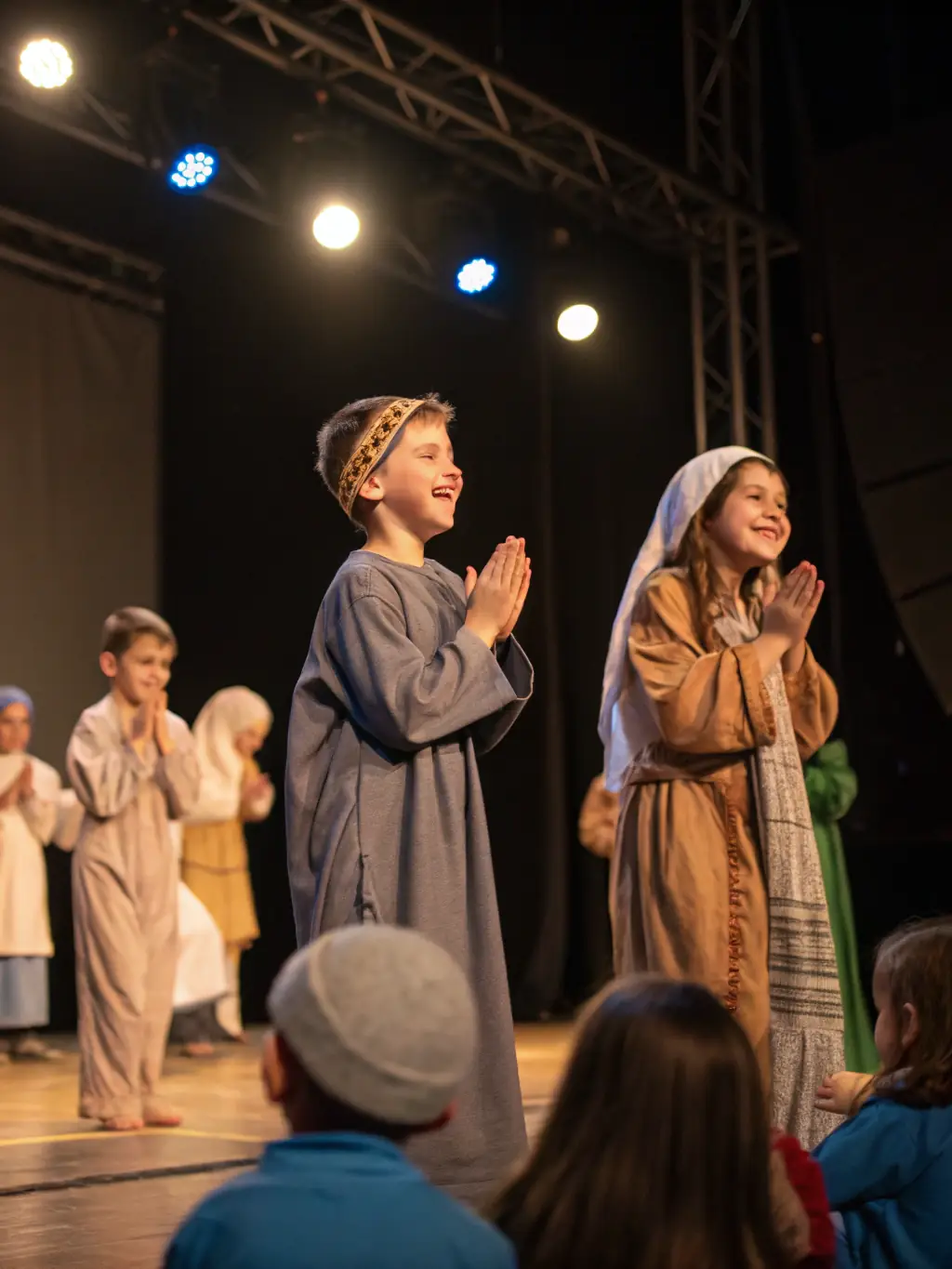 Children participating in a drama workshop, acting out scenes and expressing themselves creatively at a Les Francas du Doubs cultural program.