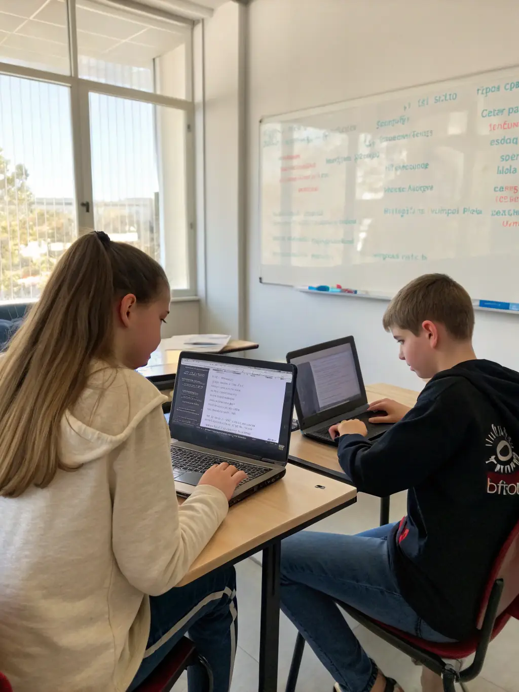 A group of teenagers engaged in a coding session, learning programming skills and collaborating on a digital project at a Les Francas du Doubs cultural program.