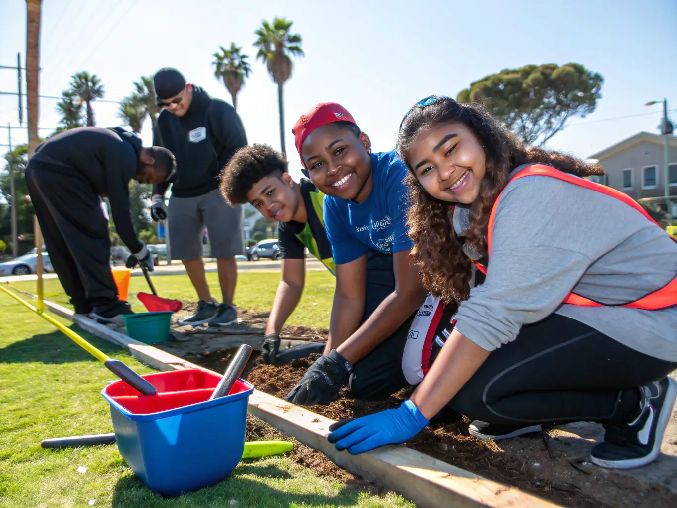 A group of teenagers working together on a community project, demonstrating the social engagement and community involvement fostered by Les Francas du Doubs.