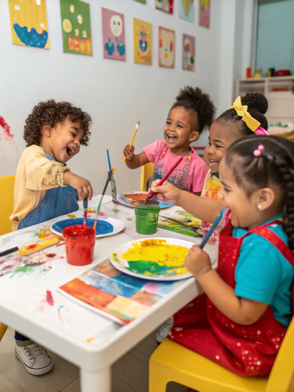 A group of children enthusiastically participating in a painting workshop, showcasing their colorful artwork and creative expressions at a Les Francas du Doubs recreational program.
