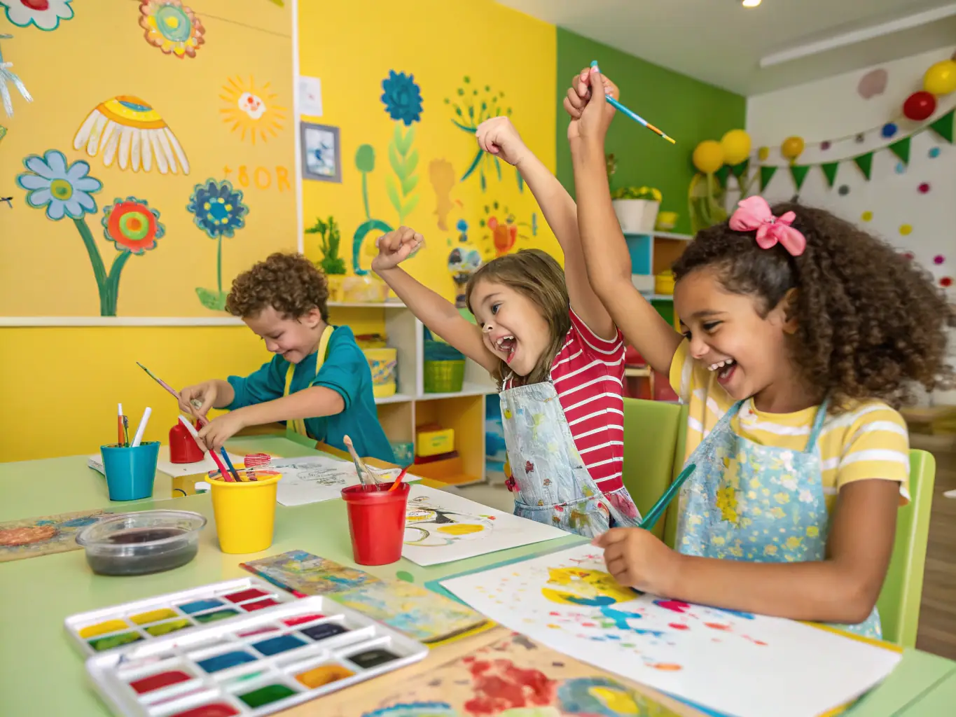 A vibrant image of children participating in a cultural workshop, painting and creating art, highlighting the creative and expressive aspects of Les Francas du Doubs' programs.