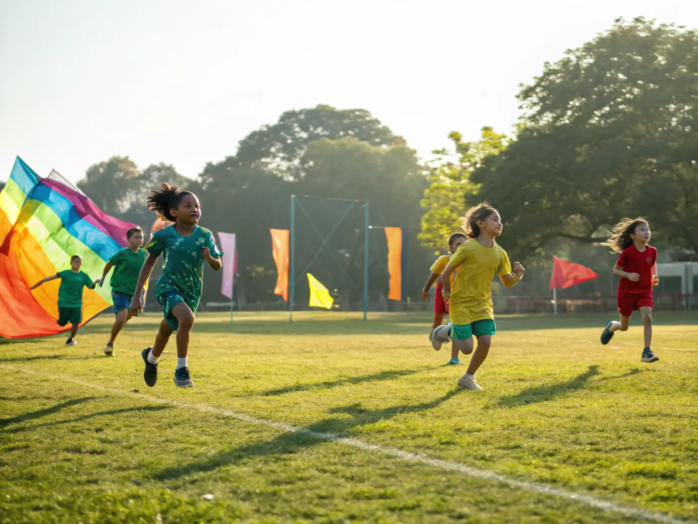 A group of children joyfully participating in an outdoor sports activity, showcasing teamwork and physical activity under the supervision of instructors from Les Francas du Doubs.