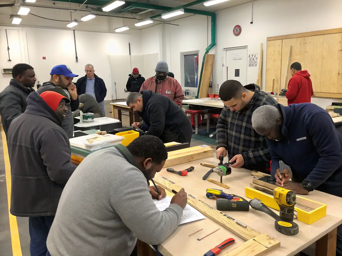 An image showing a diverse group of adults participating in a vocational training workshop, focusing on hands-on activities and collaborative learning, set in a modern training facility.