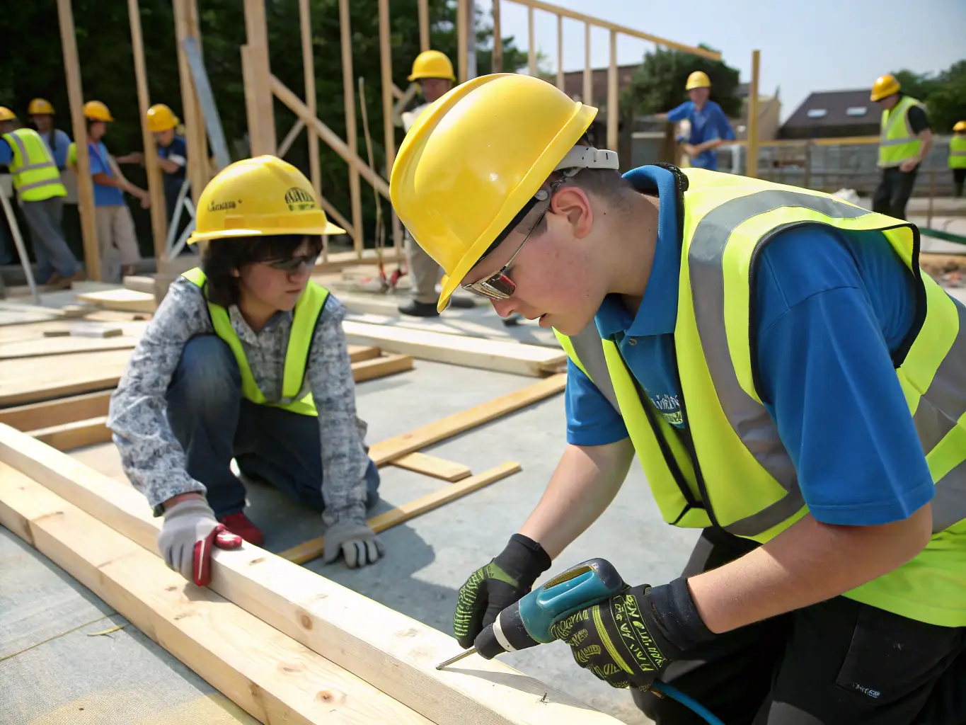 An image depicting a group of apprentices working alongside experienced professionals in a real-world setting, emphasizing mentorship and practical skill development.