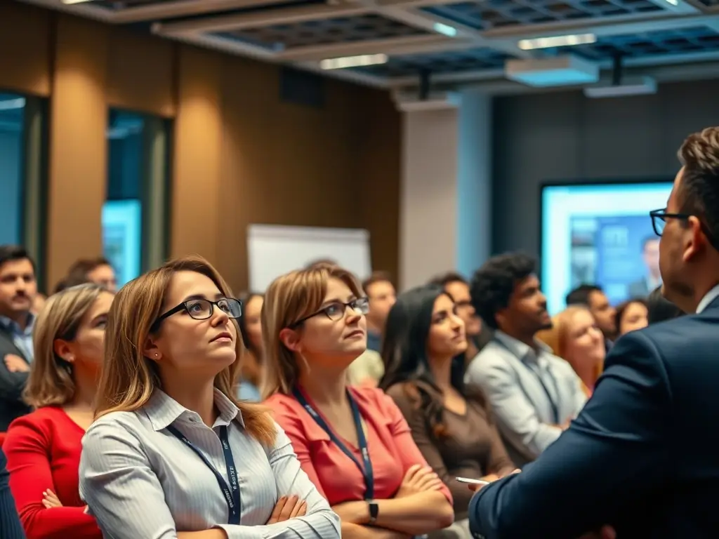 An image showcasing participants actively involved in a professional development seminar, with a focus on networking, interactive discussions, and expert-led sessions.